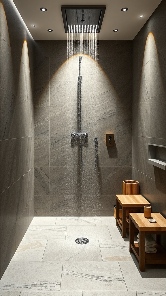 A modern wet room featuring a rain shower, natural stone tiles, and wooden accents.