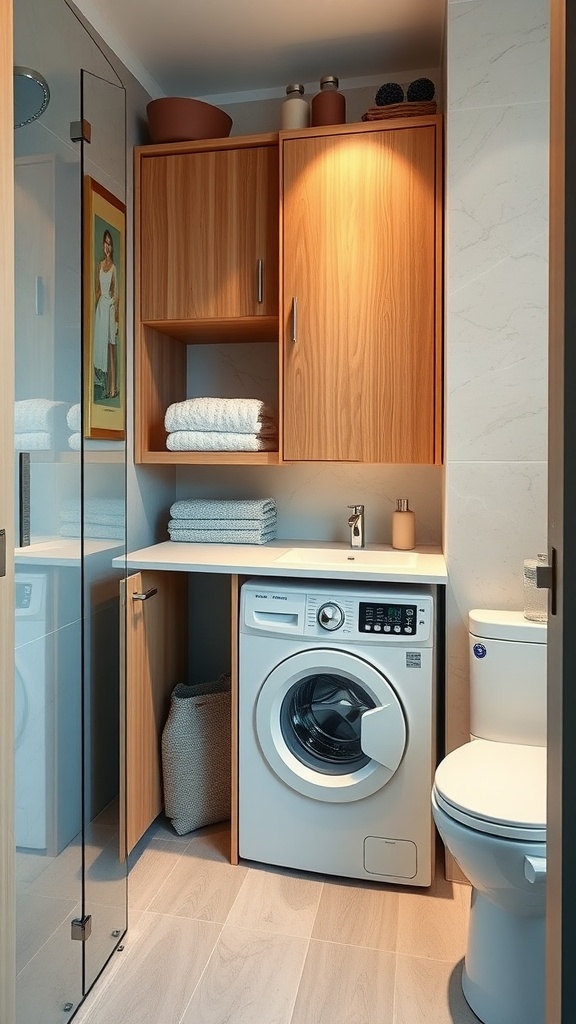 A compact bathroom with a laundry machine beside a toilet, featuring wooden cabinets and shelves.