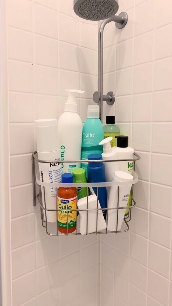 A space-saving shower caddy holding various bottles in a dorm bathroom