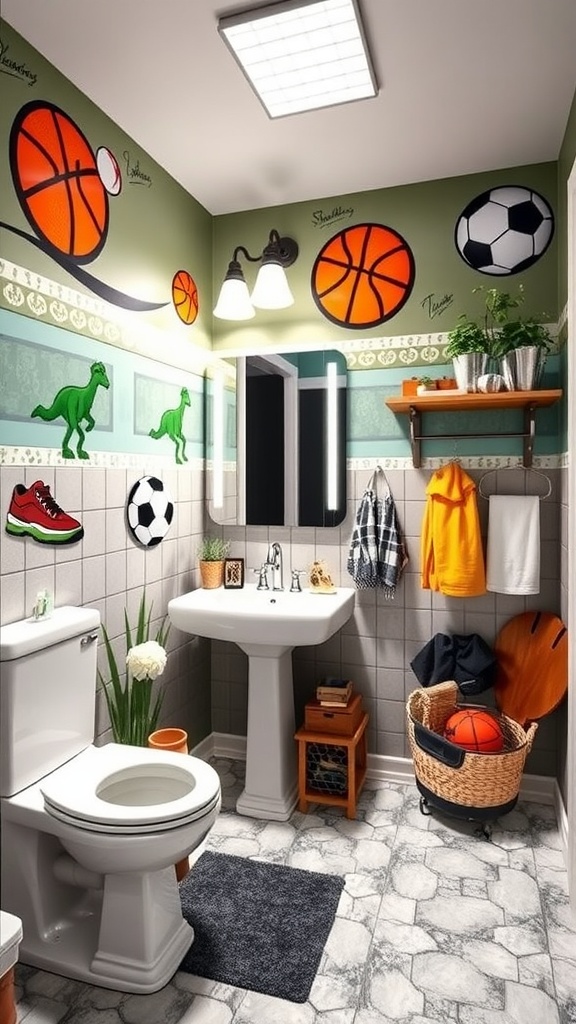 A boys bathroom with sports-inspired wall murals featuring basketballs and soccer balls.
