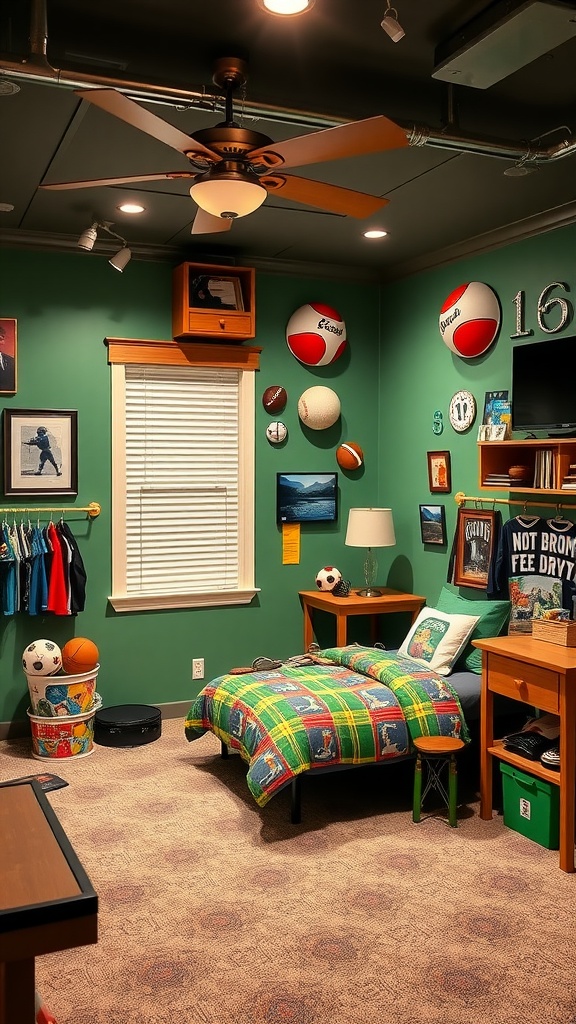 A sporty basement bedroom with green walls, a cozy bed, and various sports memorabilia.