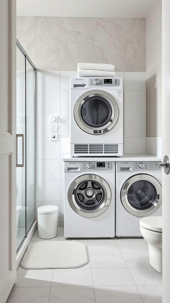 Image of stacked washer and dryer in a modern bathroom setting