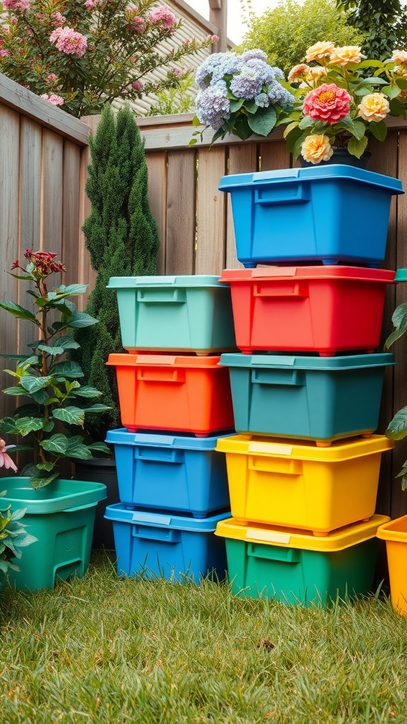 Colorful stackable storage containers in a garden setting
