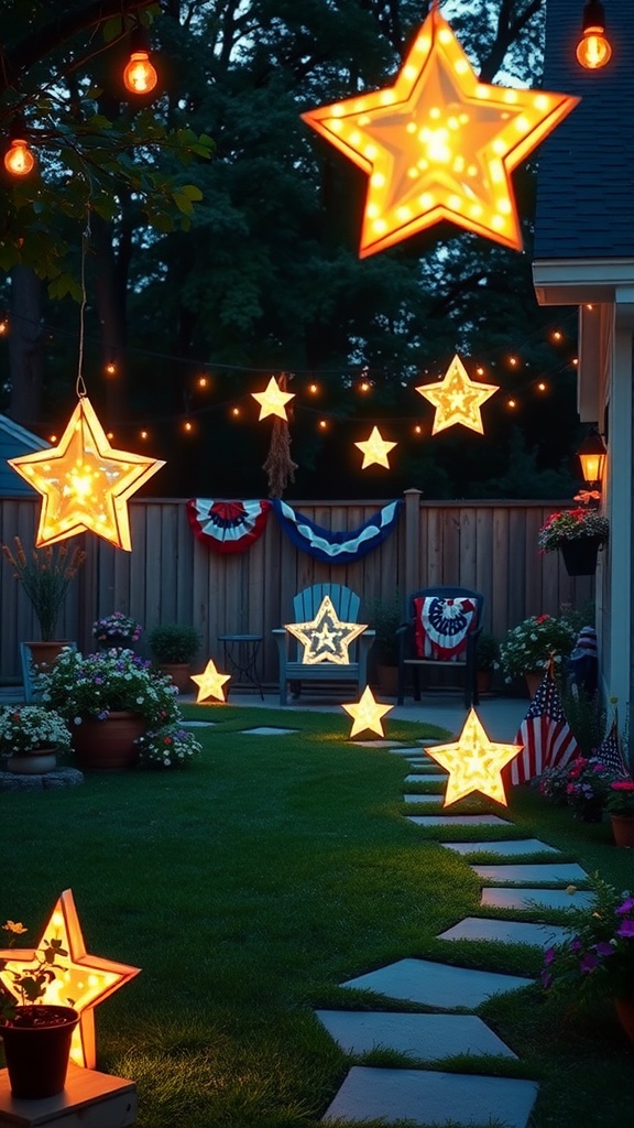 A backyard decorated with glowing star lanterns, creating a warm and inviting atmosphere.