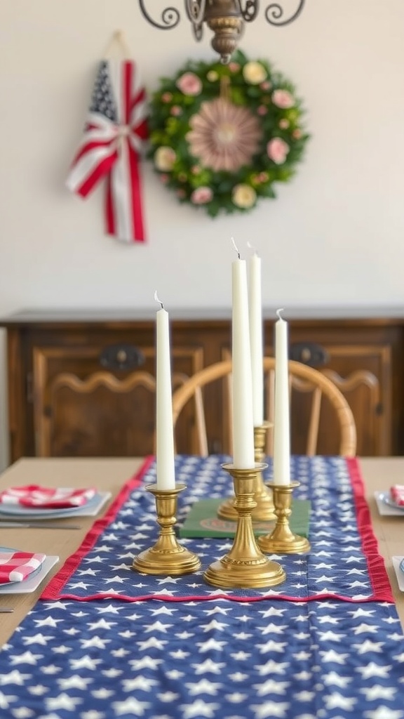 A patriotic table setup featuring a Stars and Stripes table runner with golden candle holders and red, white, and blue details.
