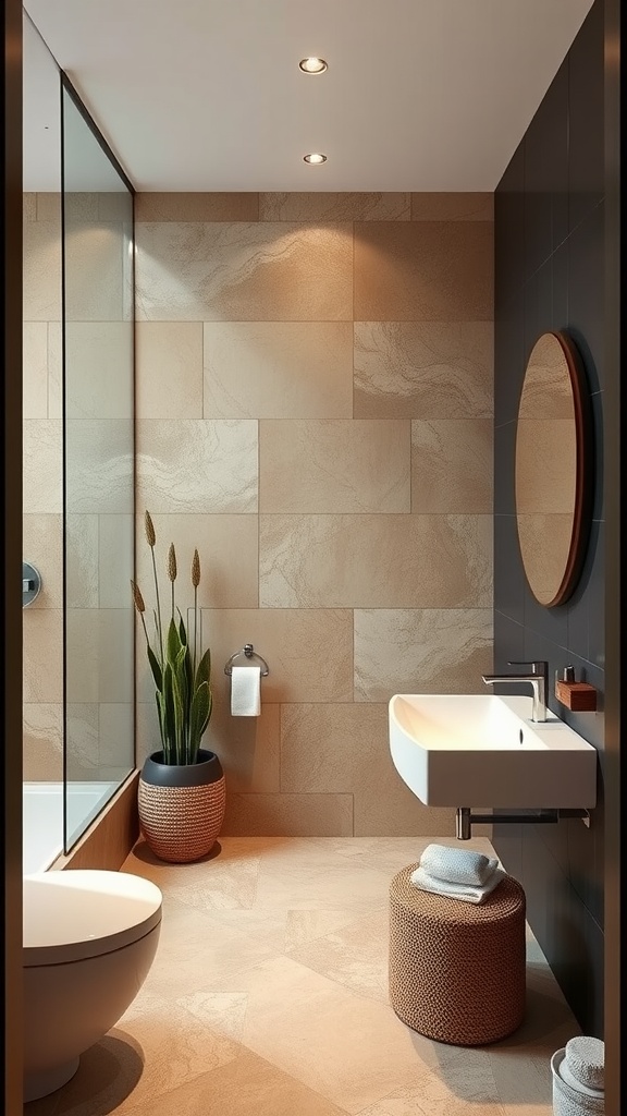 A modern bathroom featuring beige accent walls with dark contrasting elements.