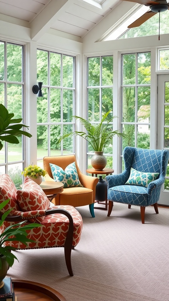 Two stylish accent chairs in a bright sunroom with large windows and greenery outside.