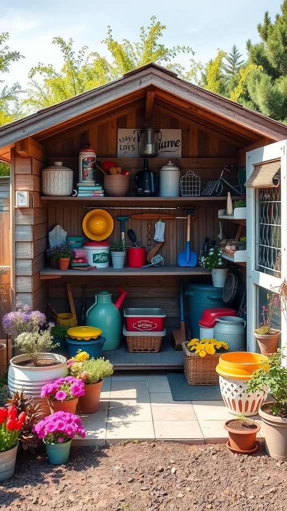 A stylish garden shed with organized shelves and colorful pots of flowers.