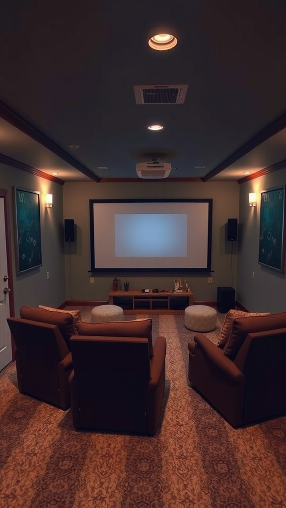 Stylish home theater setup in a basement with recliners, large screen, and soft lighting.