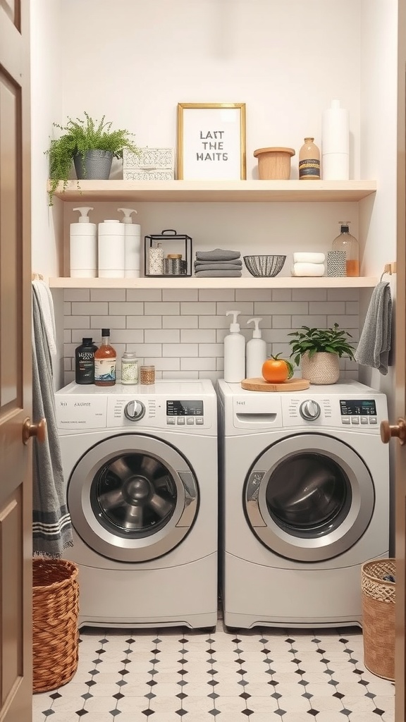 Bright bathroom laundry combo with open shelving above washer and dryer showcasing supplies and decorative items.