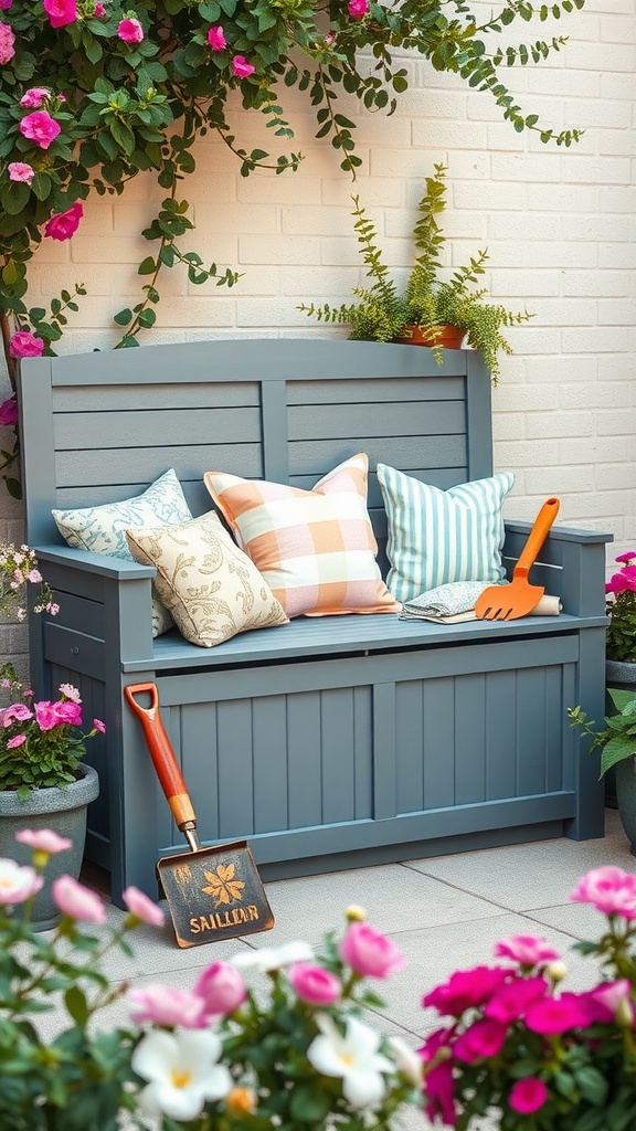 A stylish outdoor storage bench surrounded by colorful flowers and gardening tools.