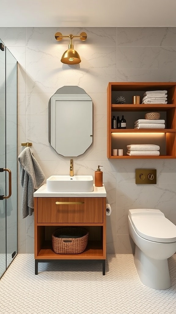 Stylish bathroom featuring wooden vanity, open shelving, and modern decor