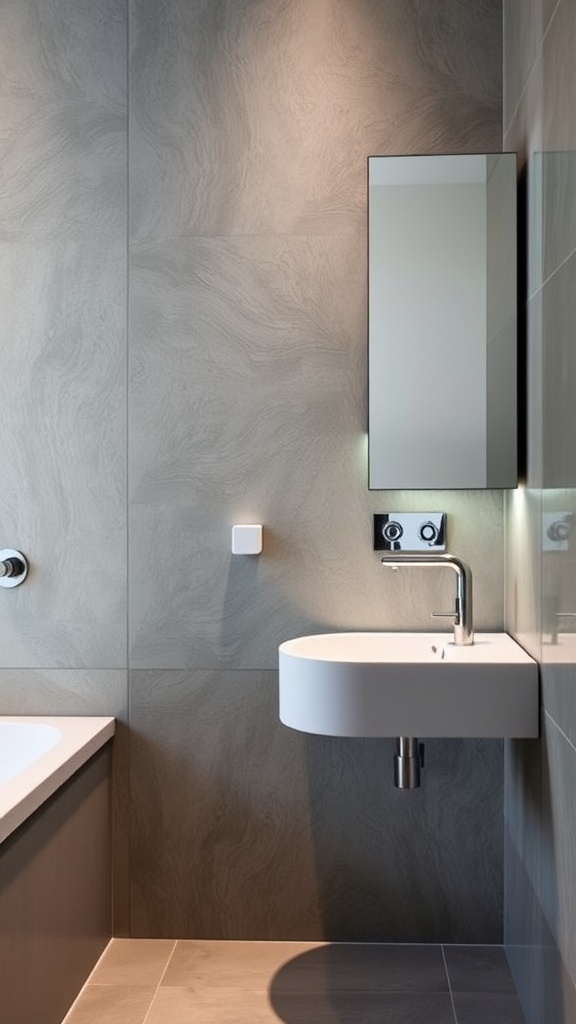 A modern bathroom with a wall-mounted faucet above a round sink and minimalist design.