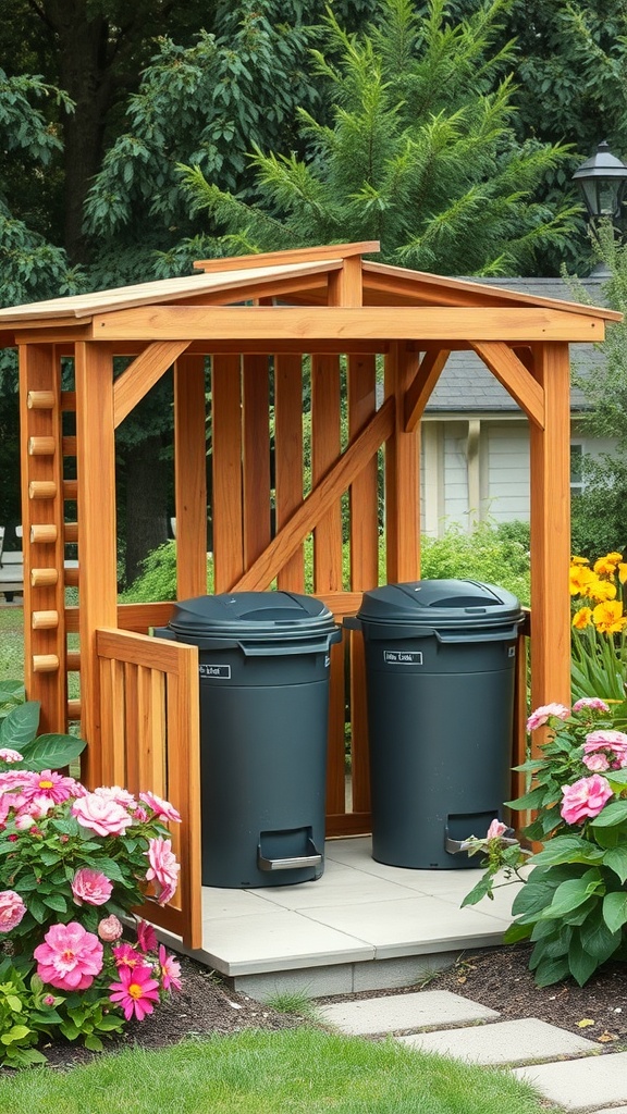 Wooden enclosure for trash cans surrounded by flowers in a garden setting