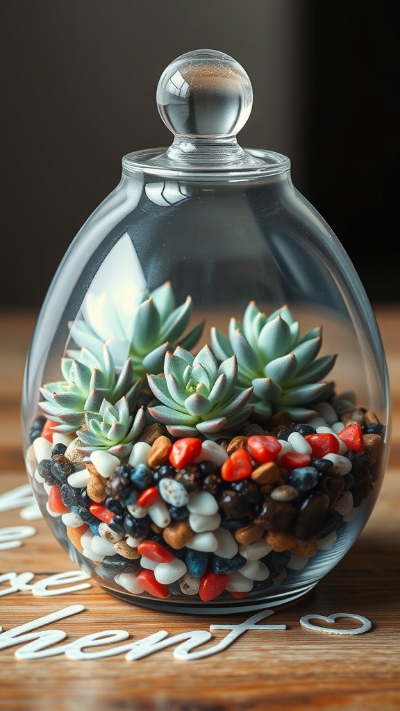 A glass terrarium featuring succulents and colorful stones in red, white, and blue.