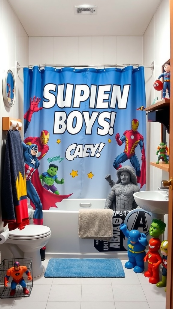 A bathroom featuring a superhero shower curtain with characters like Iron Man and Captain America, colorful decor, and playful accessories.