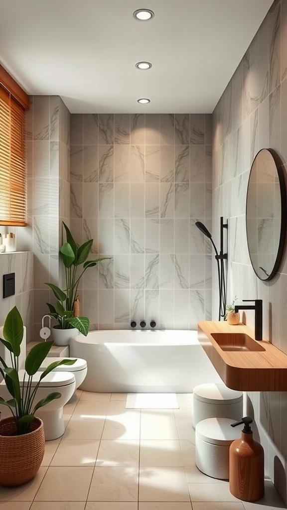 Eco-friendly bathroom design featuring plants and modern fixtures.