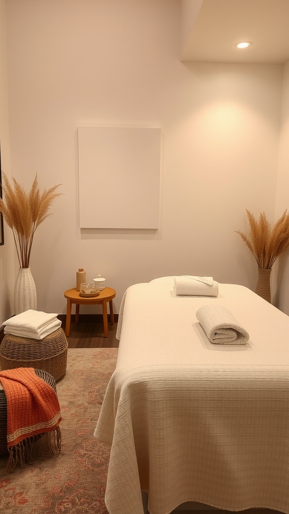A cozy massage room featuring a massage table with a white blanket, rolled towels, vibrant throws, a patterned rug, and pampas grass in vases.