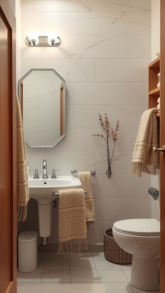 A cozy beige bathroom featuring textured towels, a decorative plant, a woven basket, and soft lighting.