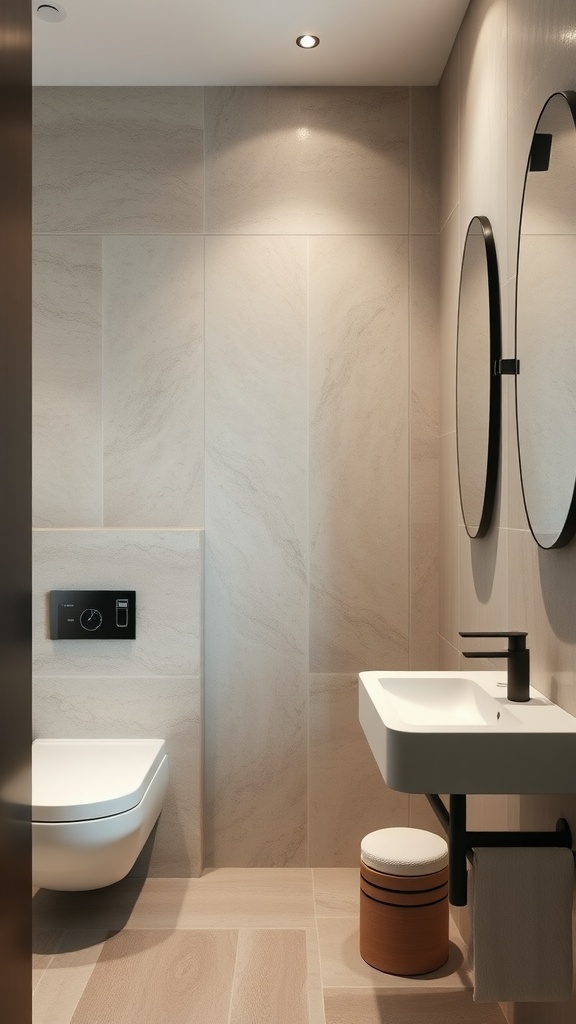 Modern bathroom with textured wall panels and stylish fixtures.