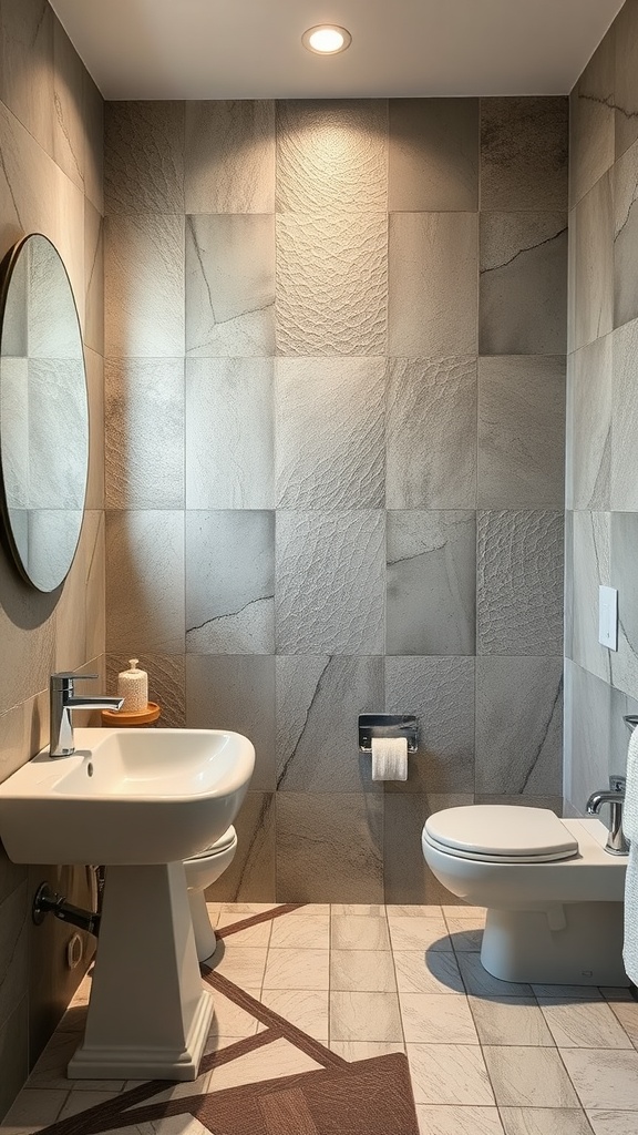 Modern bathroom with textured wall tiles and a round mirror