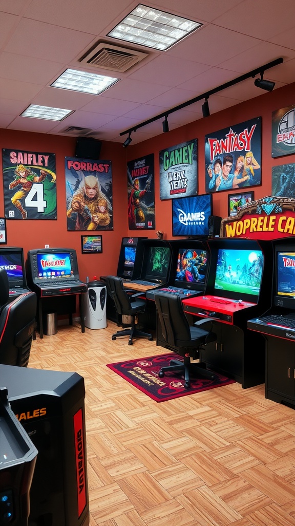 A colorful game room with arcade machines and retro game posters on the walls.