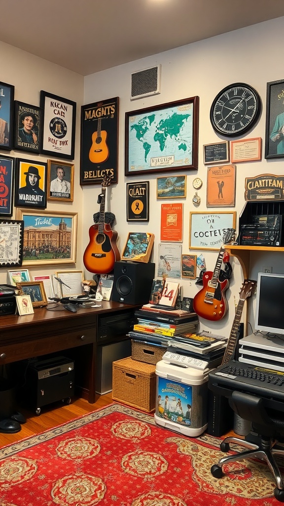 A cozy hobby room with themed decor including guitars, vintage posters, and personal memorabilia.