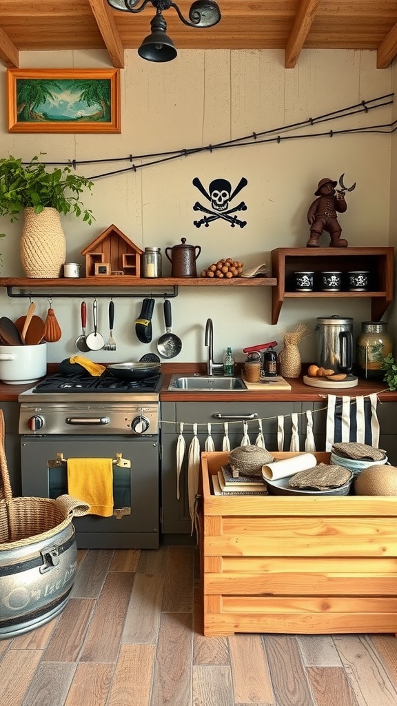 A pirate-themed mud kitchen with a skull decoration, wooden counters, and playful elements.