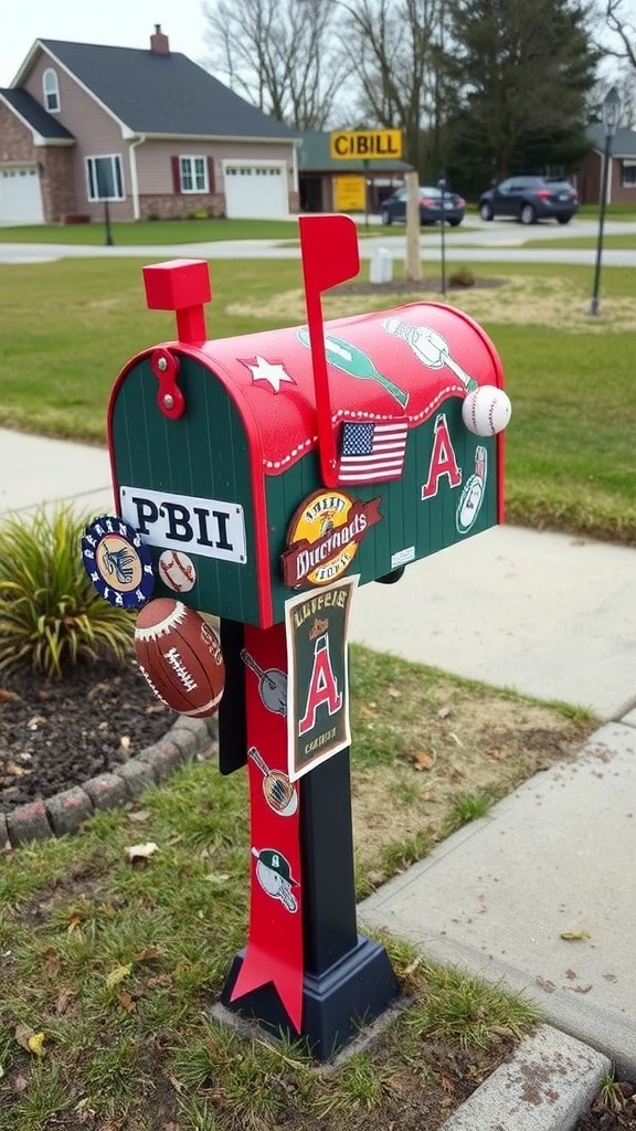 A colorful themed sports mailbox post decorated with sports icons like baseballs and footballs.
