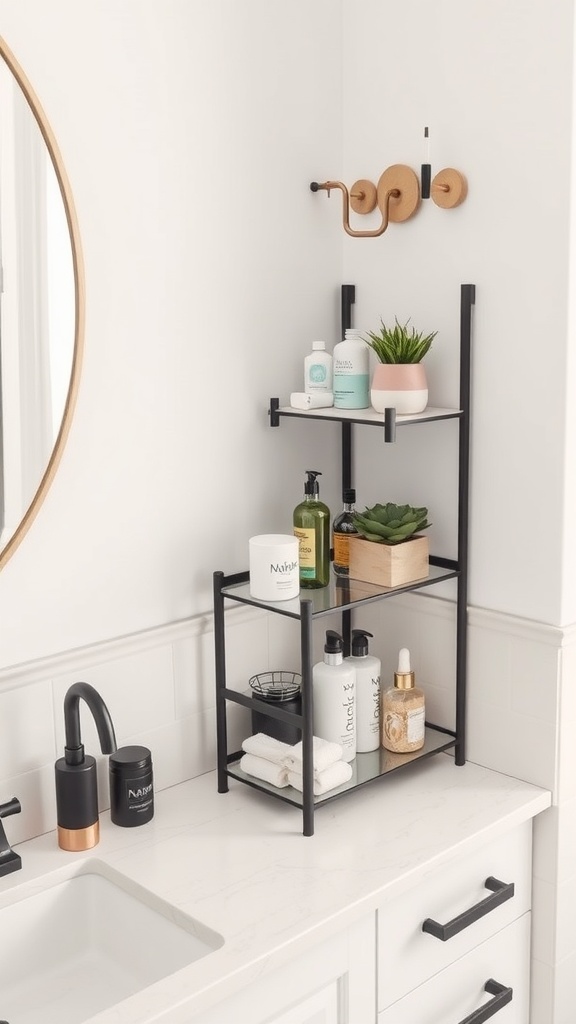 A stylish tiered shelf in a modern bathroom displaying various bottles, towels, and a small plant.