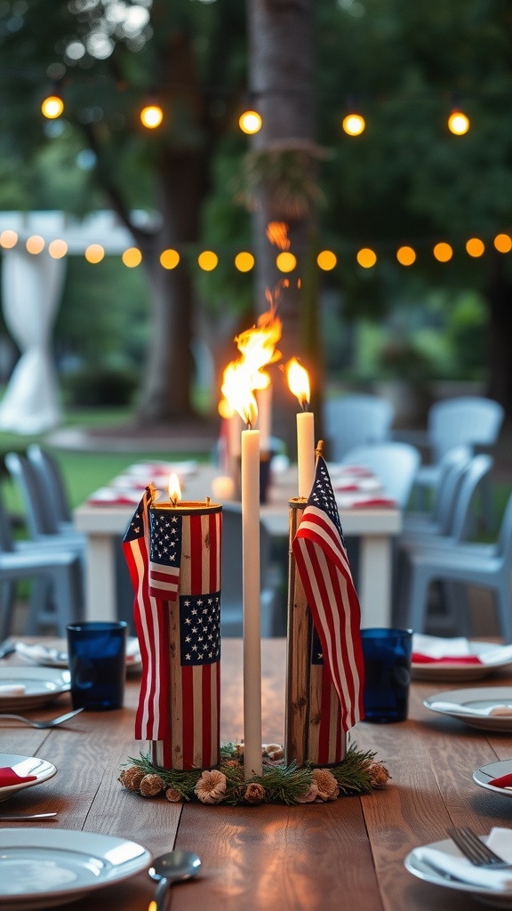 Patriotic tiki torch centerpiece with American flags, candles, and greenery, set on a wooden table for an outdoor gathering.