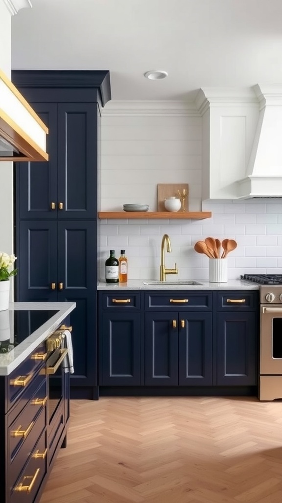 A modern kitchen featuring navy blue cabinets with gold hardware and fixtures.