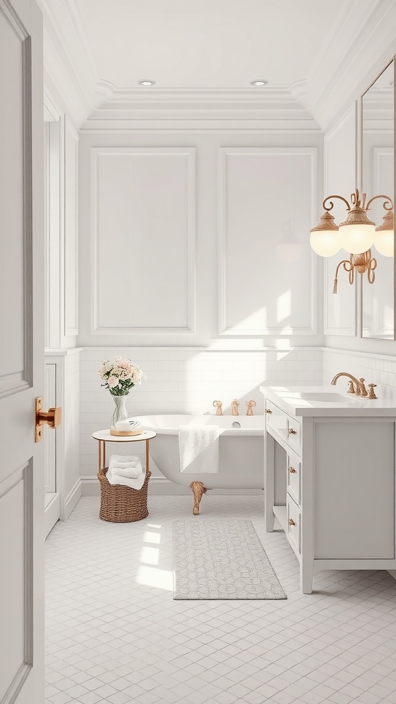 A stylish white bathroom featuring a freestanding tub, soft lighting, and decorative elements, creating a serene atmosphere.