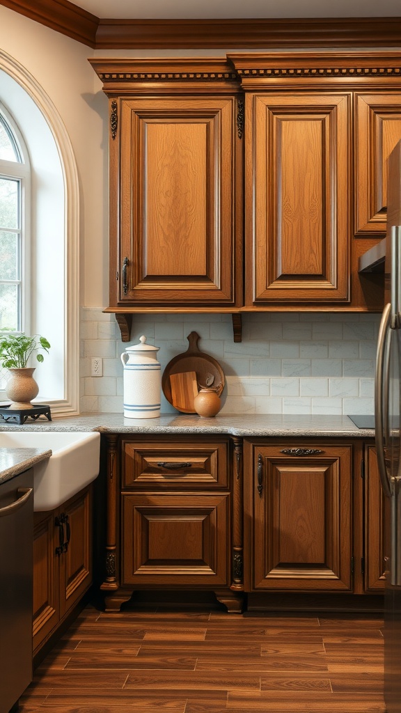 A traditional kitchen featuring oak cabinets with decorative molding, a farmhouse sink, and a stylish countertop.