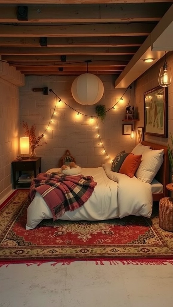 Cozy basement bedroom with warm lighting and comfortable furnishings.