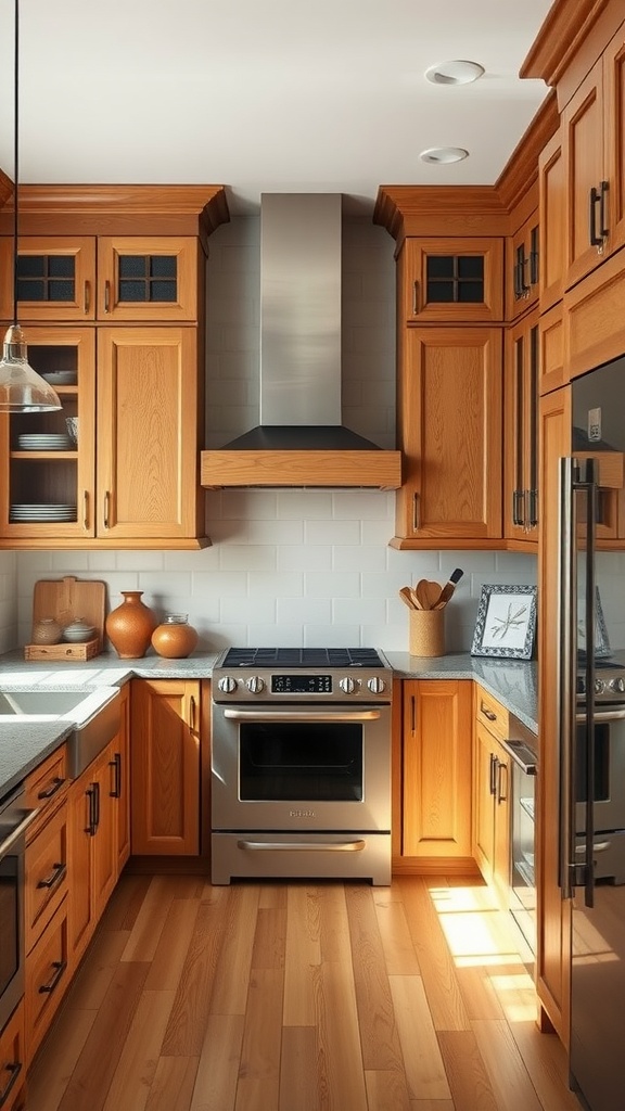 A kitchen featuring transitional oak cabinets, stainless steel appliances, and warm wood accents.