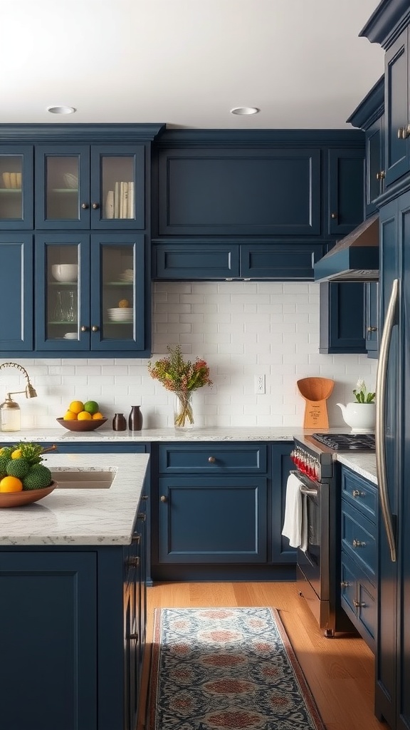 A modern kitchen with navy blue cabinets and gray backsplash, featuring a marble countertop and decorative elements.