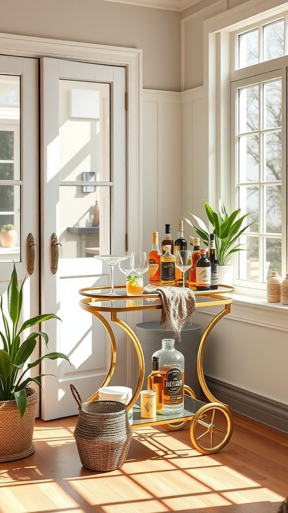 A trendy gold bar cart filled with various bottles and glassware, set in a bright sunroom with plants.