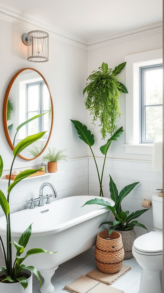 A stylish bathroom with tropical plants, featuring a clawfoot tub and natural decor elements.