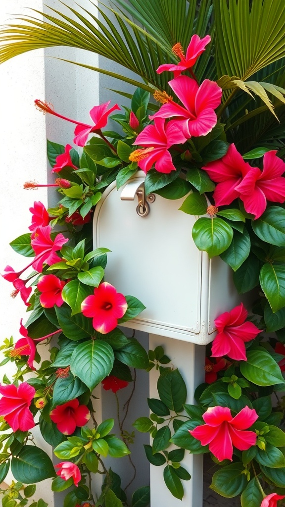 A white mailbox adorned with vibrant pink hibiscus flowers and lush green leaves.