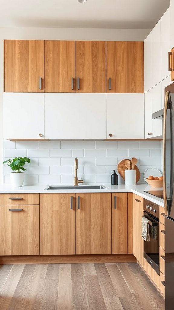 Kitchen featuring two-tone cabinets with oak and white combination, showcasing modern design.
