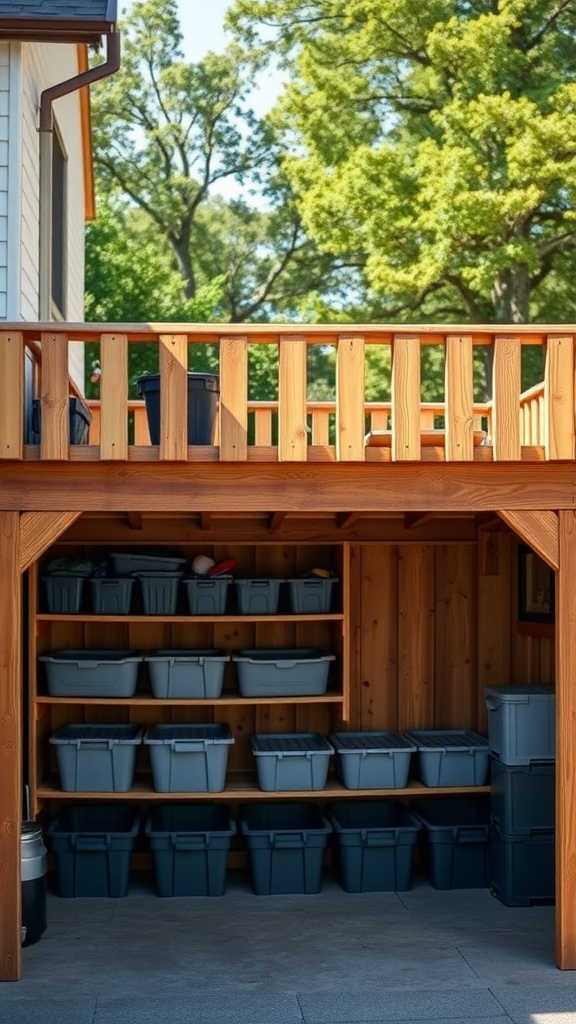 Organized under-deck storage with wooden shelves and gray bins.