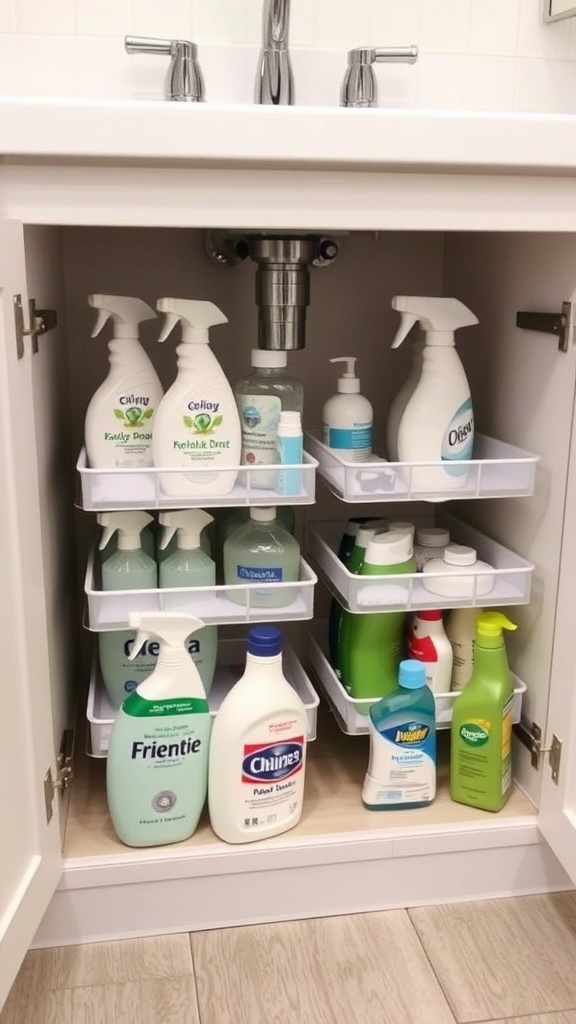 Organized under-sink area with cleaning supplies in clear bins