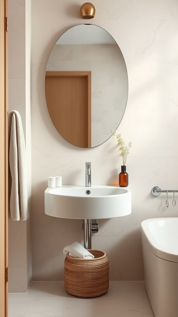 A modern bathroom with neutral tones, featuring a round mirror, sleek sink, and a woven basket.
