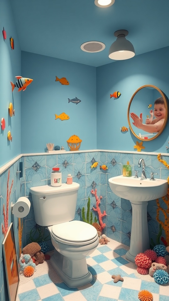 A bathroom themed with underwater ocean life, featuring colorful fish decals, coral designs, and a happy child looking into a mirror.