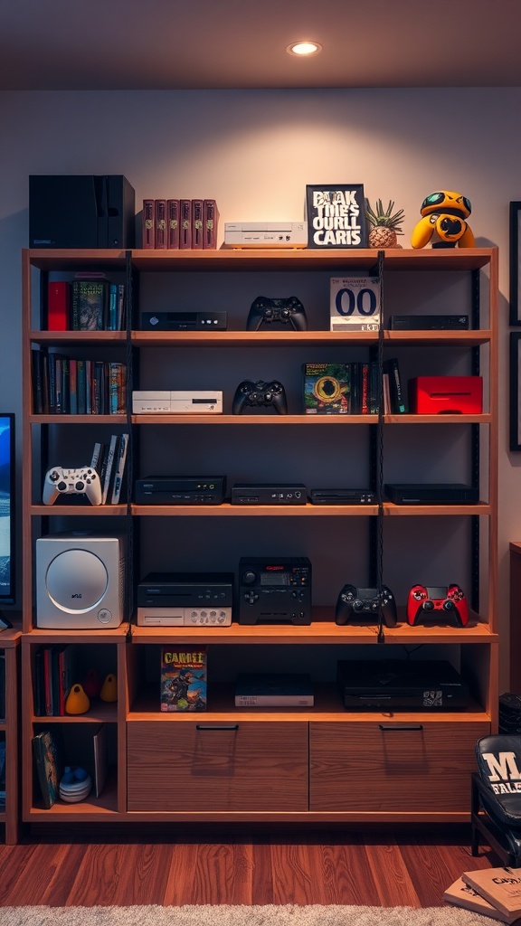 A wooden shelf displaying various gaming consoles, accessories, and decorative items.