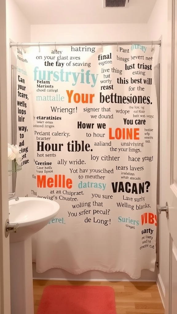Decorative shower curtain with playful typography and colorful words in a bathroom setting.