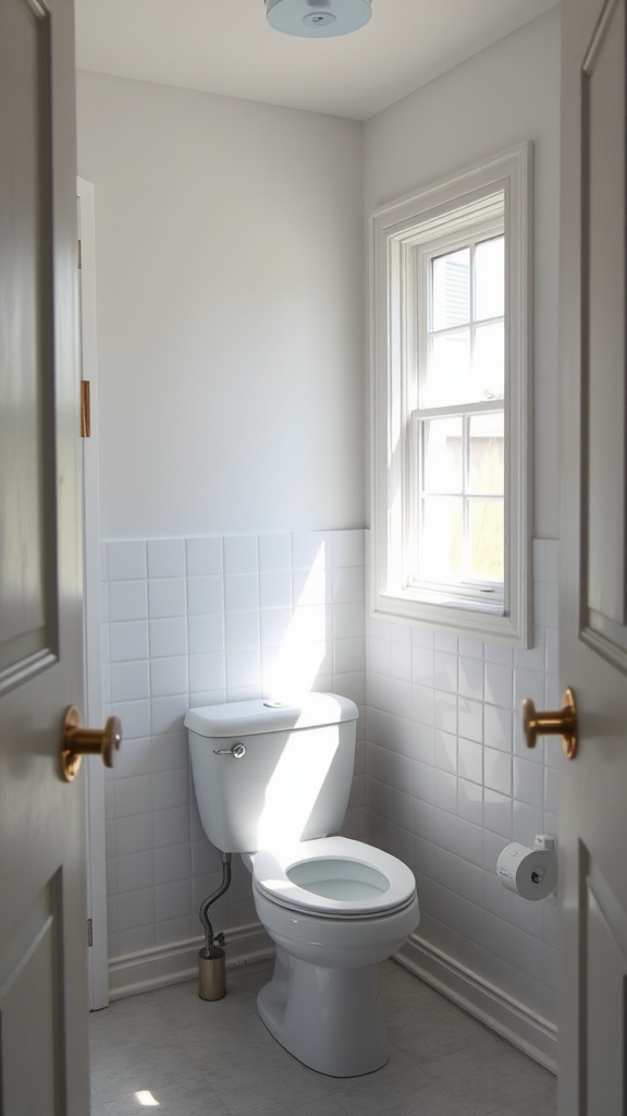 A small bathroom with light gray walls and white tiles, featuring a toilet, window, and soft lighting.