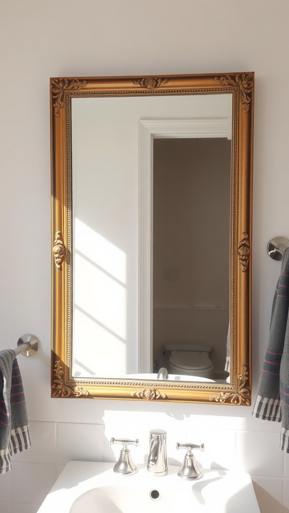 A gold-framed mirror reflecting light in a small bathroom