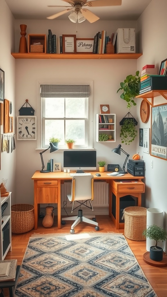 Cozy corner workspace with desk, shelves, and plants